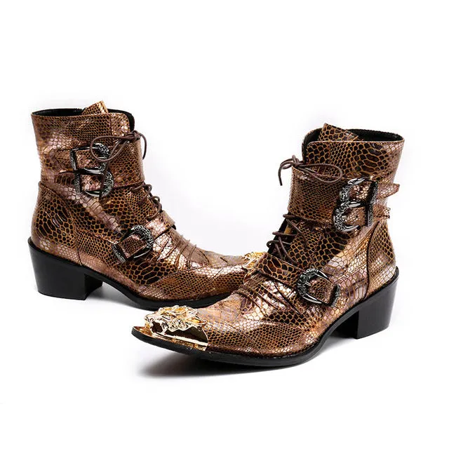 2018 New Snake Punk Martin Boots For Men Genuine Leather Buckle Metal Pointed Toe Male Ankle Boots Lace Up Gothic Riding Shoes