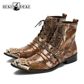 2018 New Snake Punk Martin Boots For Men Genuine Leather Buckle Metal Pointed Toe Male Ankle Boots Lace Up Gothic Riding Shoes