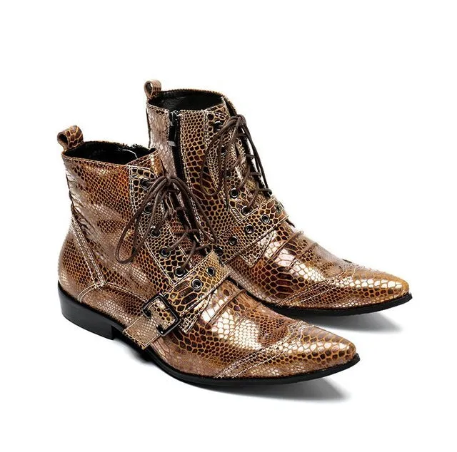 2018 New Snake Punk Martin Boots For Men Genuine Leather Buckle Metal Pointed Toe Male Ankle Boots Lace Up Gothic Riding Shoes