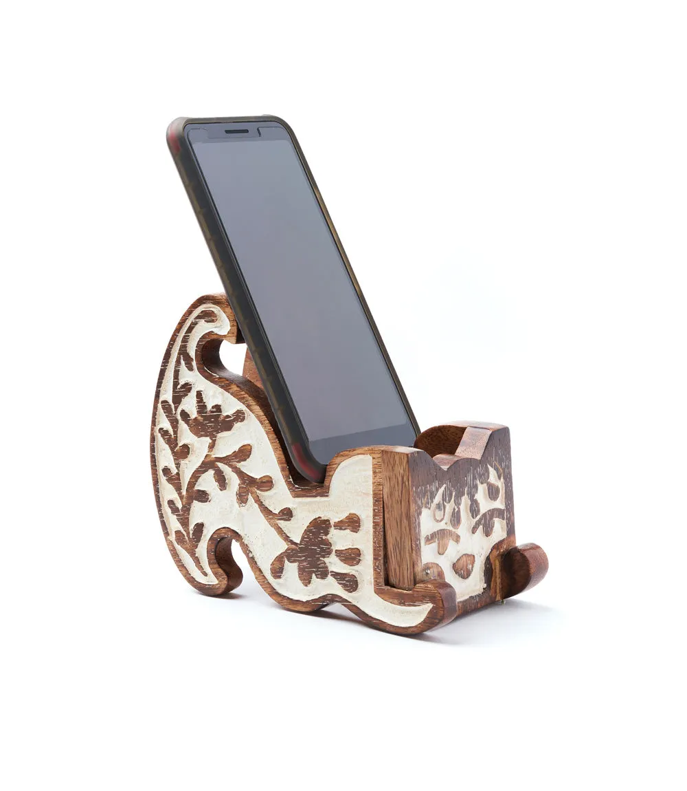 Aashiyana Cat Phone Stand - Carved Mango Wood Antique Finish