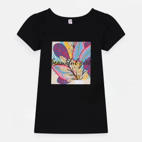 Beautiful Girl Leaf Painting Black Shirt 7333