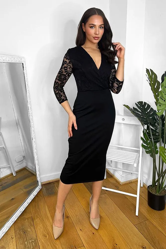 Black Lace V-Neck Bodycon Midi Dress