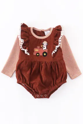 Brown cow truck pom-pom baby onesie