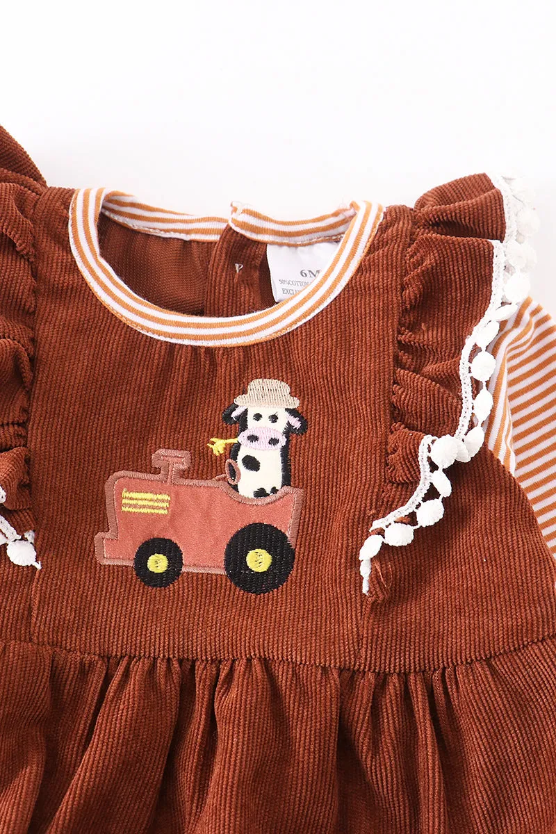 Brown cow truck pom-pom baby onesie