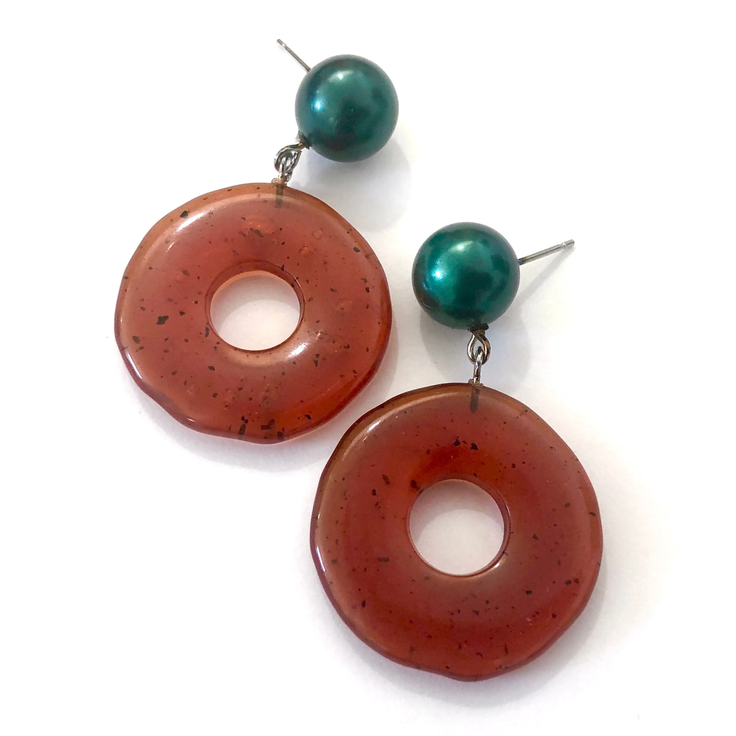 Carnelian Dark Amber & Green Pearl Donut Drop Earrings