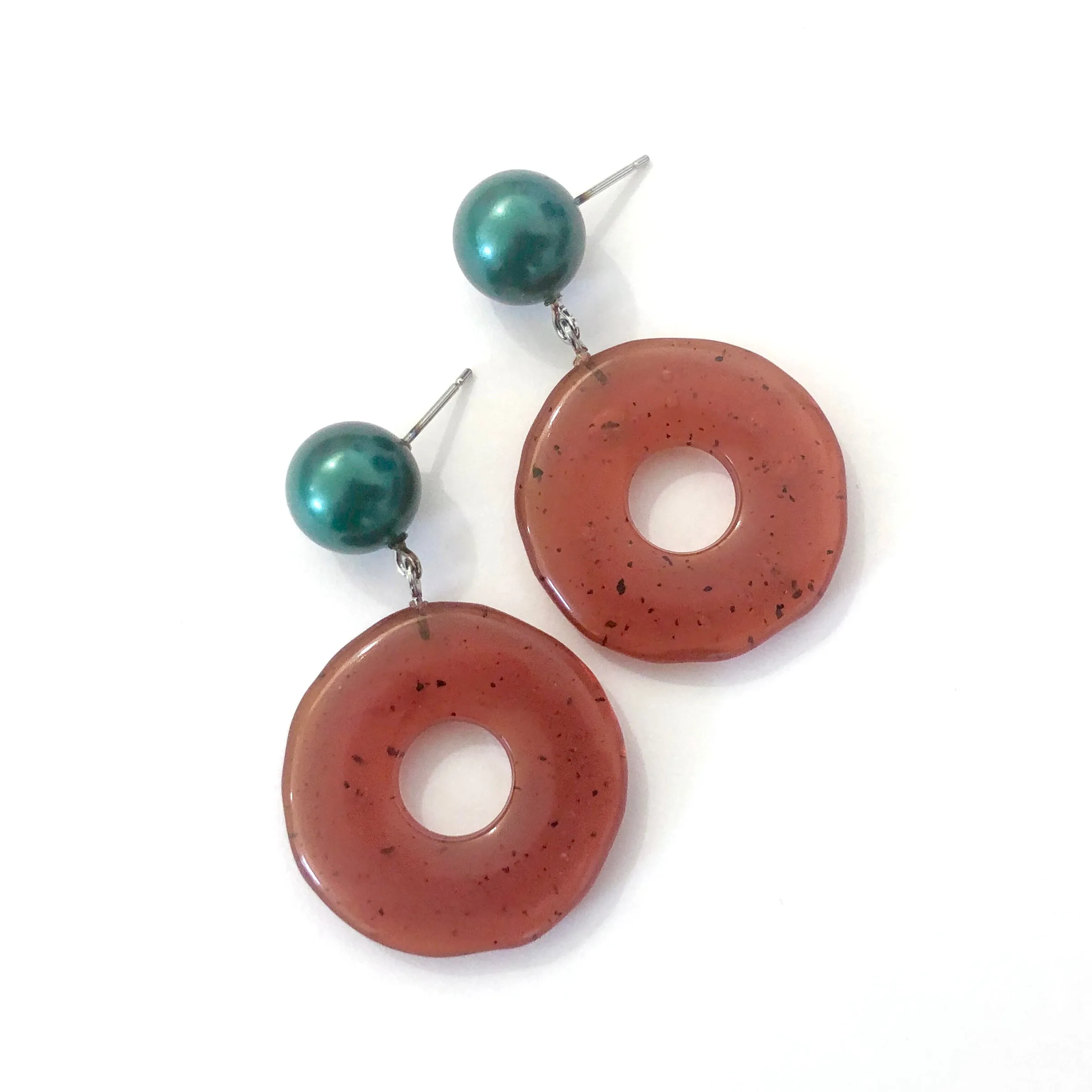 Carnelian Dark Amber & Green Pearl Donut Drop Earrings