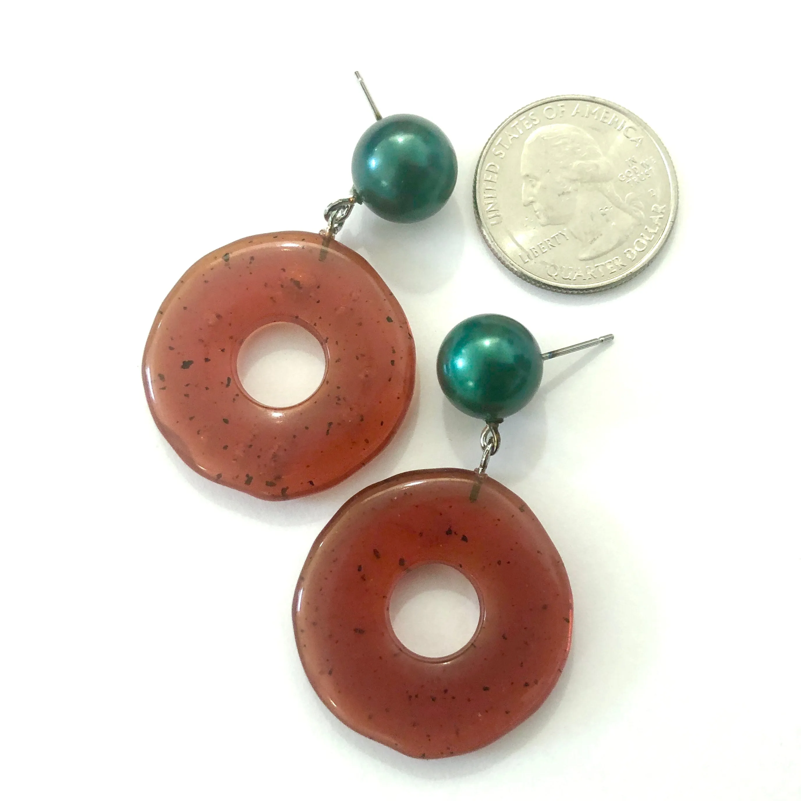 Carnelian Dark Amber & Green Pearl Donut Drop Earrings