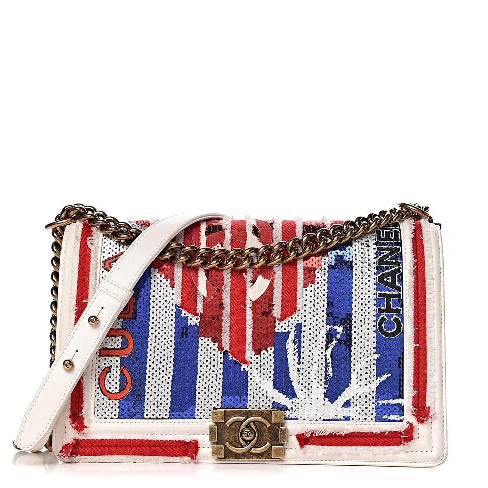 Chanel Boy Sequin New Medium Cuba Flap Red White Canvas Cross Body Bag