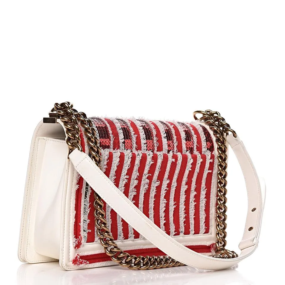 Chanel Boy Sequin New Medium Cuba Flap Red White Canvas Cross Body Bag