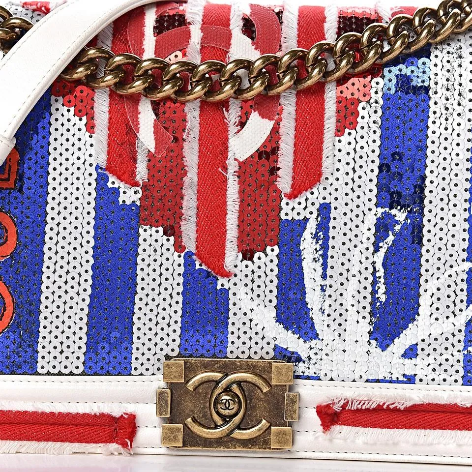 Chanel Boy Sequin New Medium Cuba Flap Red White Canvas Cross Body Bag