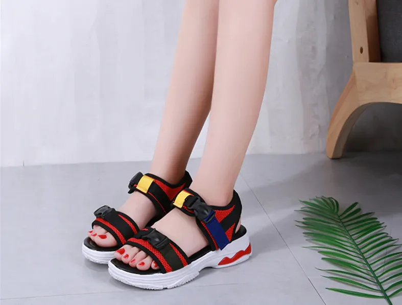 Colorful Buckle Open Toe Wedge Sandals