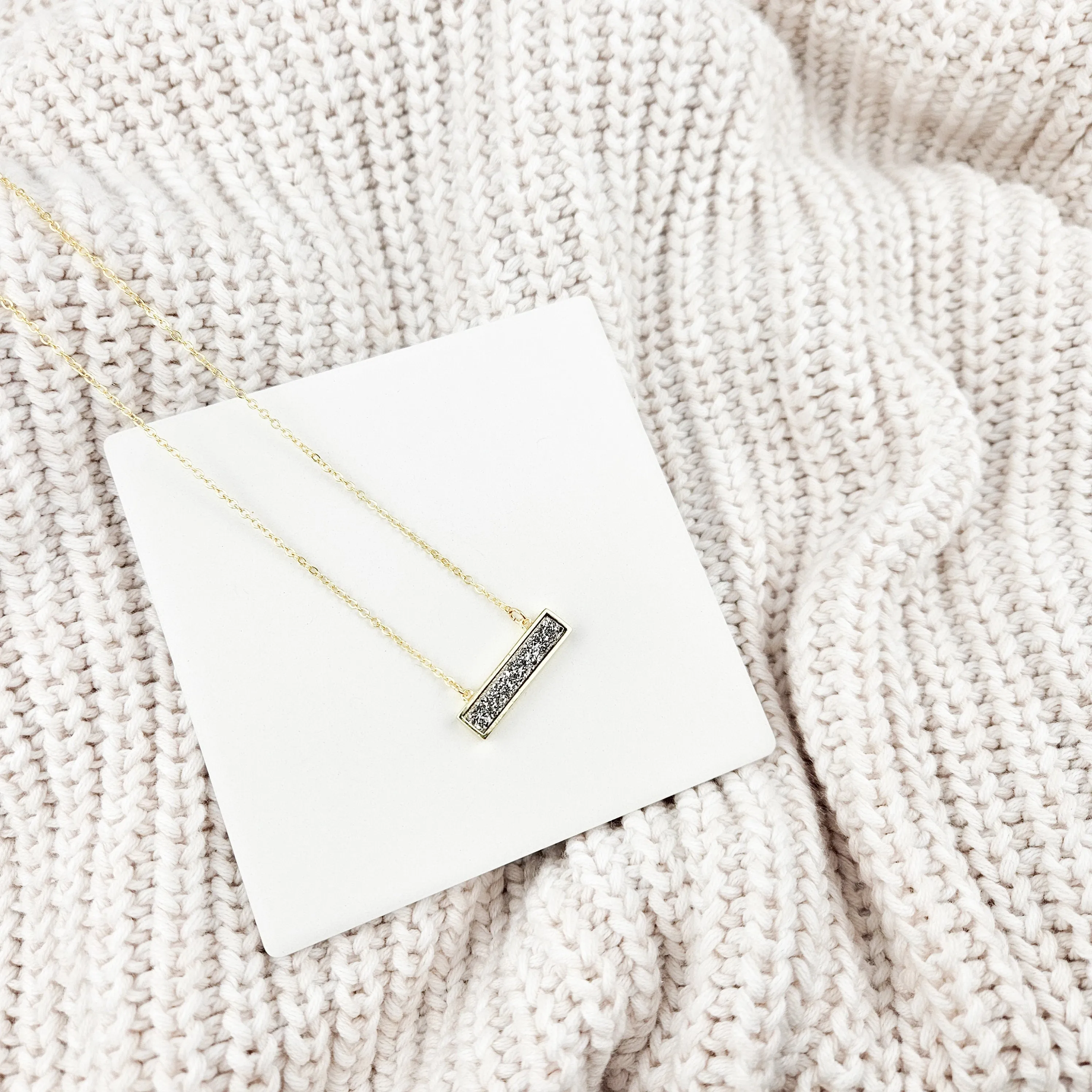 Dainty Silver Druzy Bar Gold Necklace