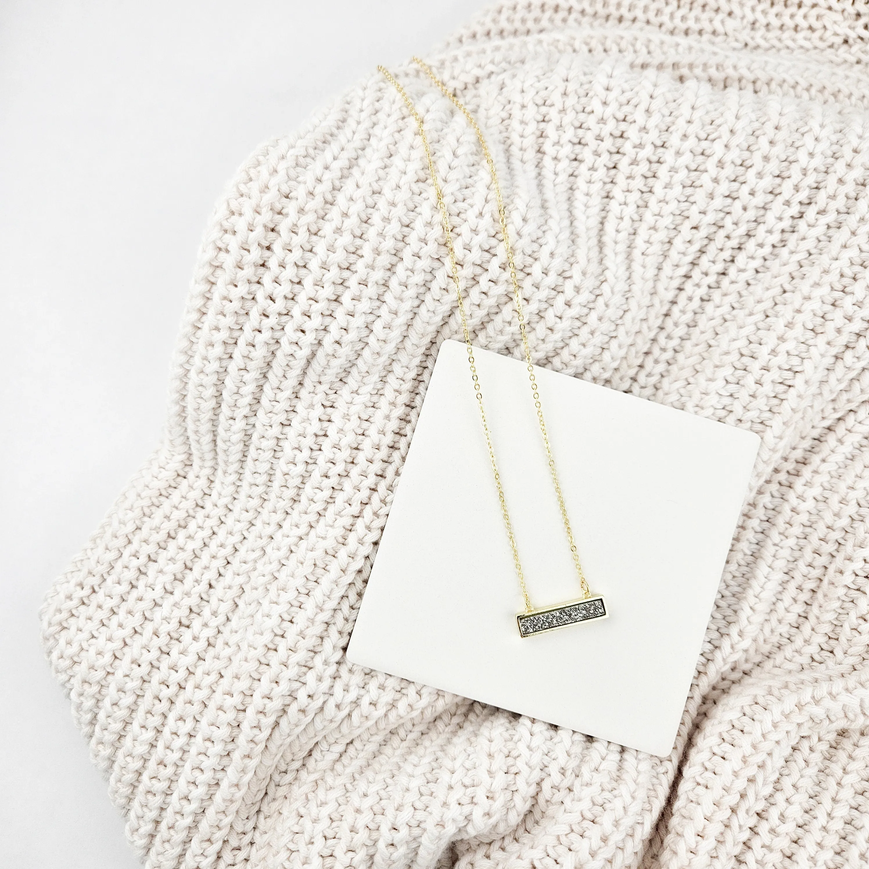 Dainty Silver Druzy Bar Gold Necklace