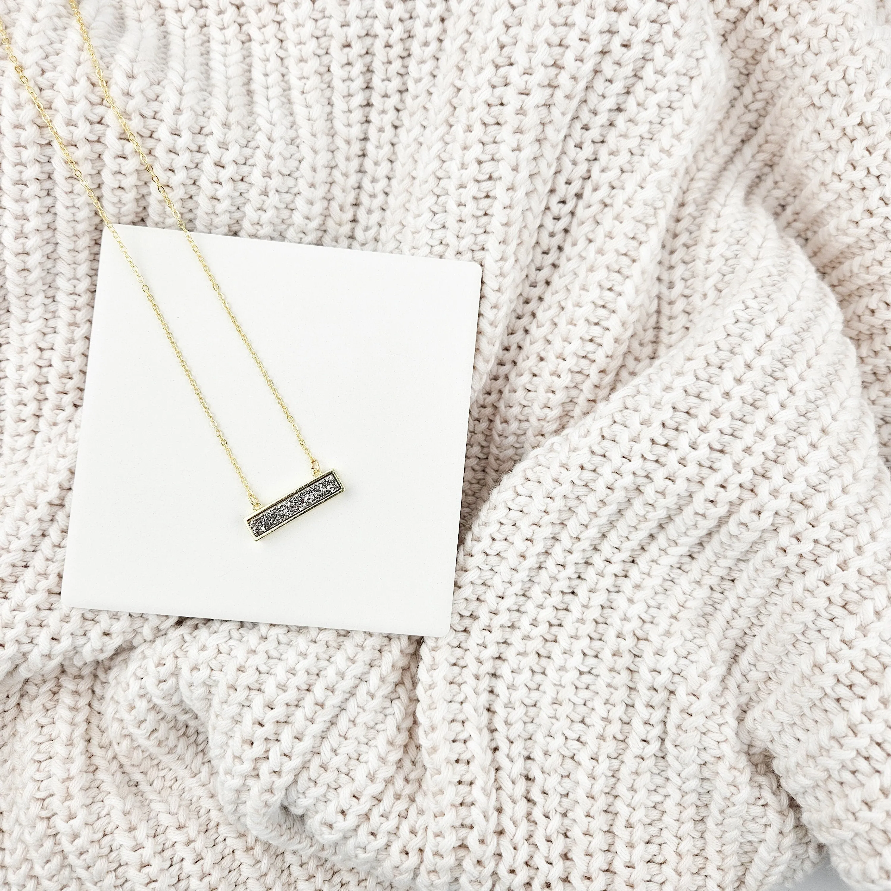 Dainty Silver Druzy Bar Gold Necklace