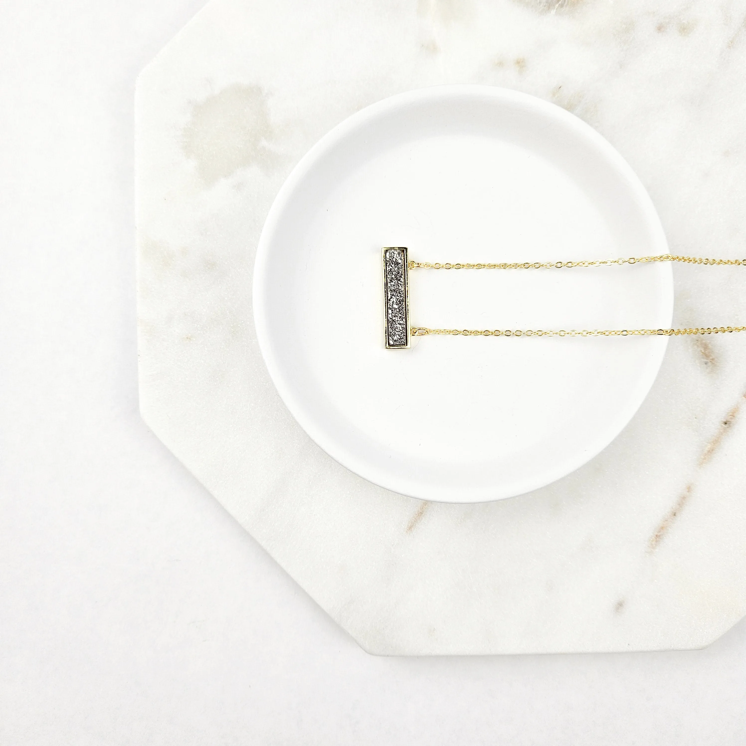 Dainty Silver Druzy Bar Gold Necklace