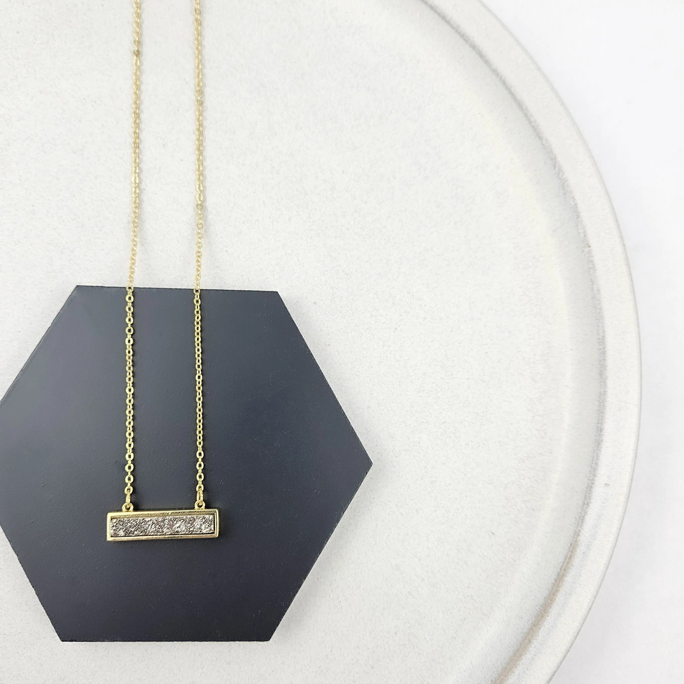 Dainty Silver Druzy Bar Gold Necklace