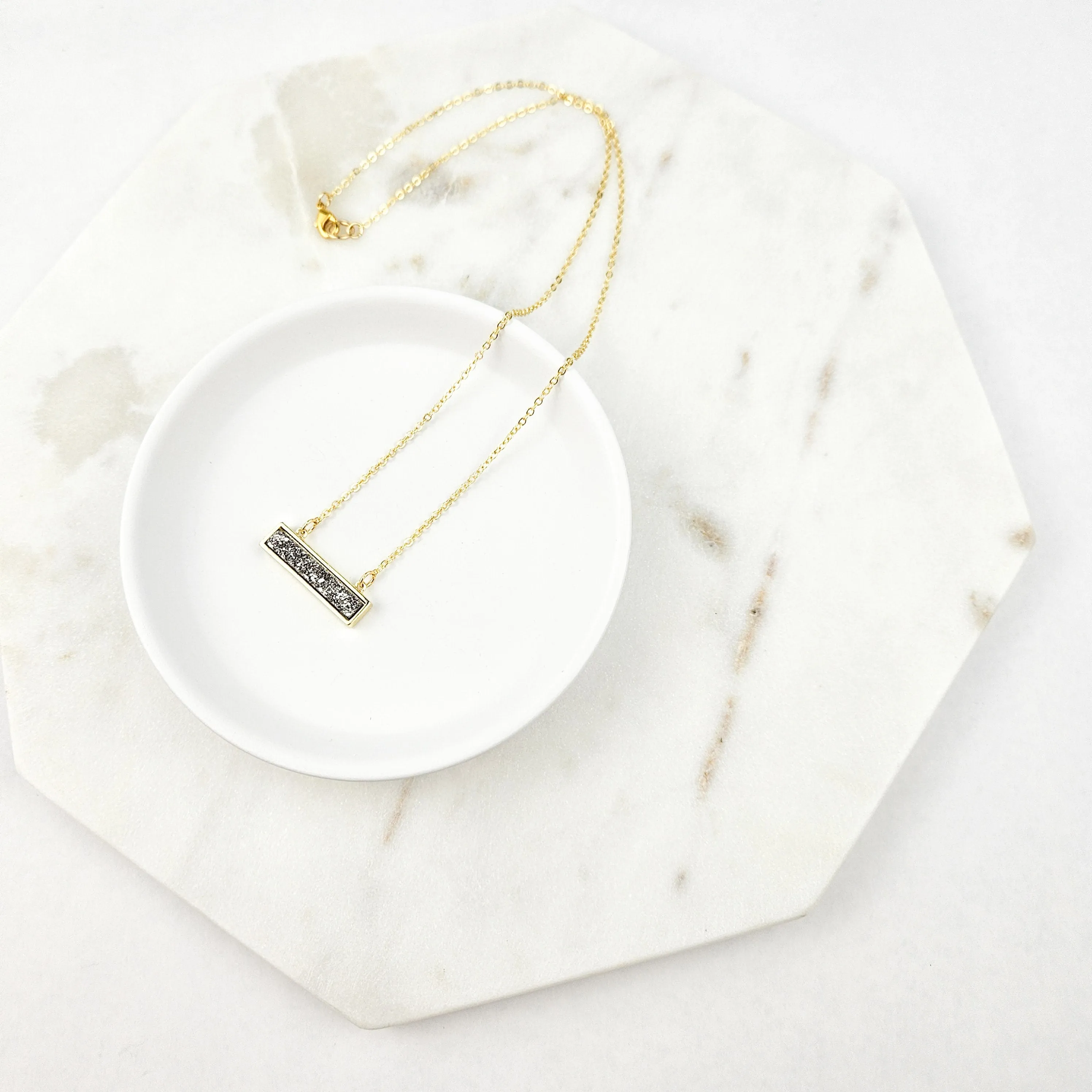 Dainty Silver Druzy Bar Gold Necklace