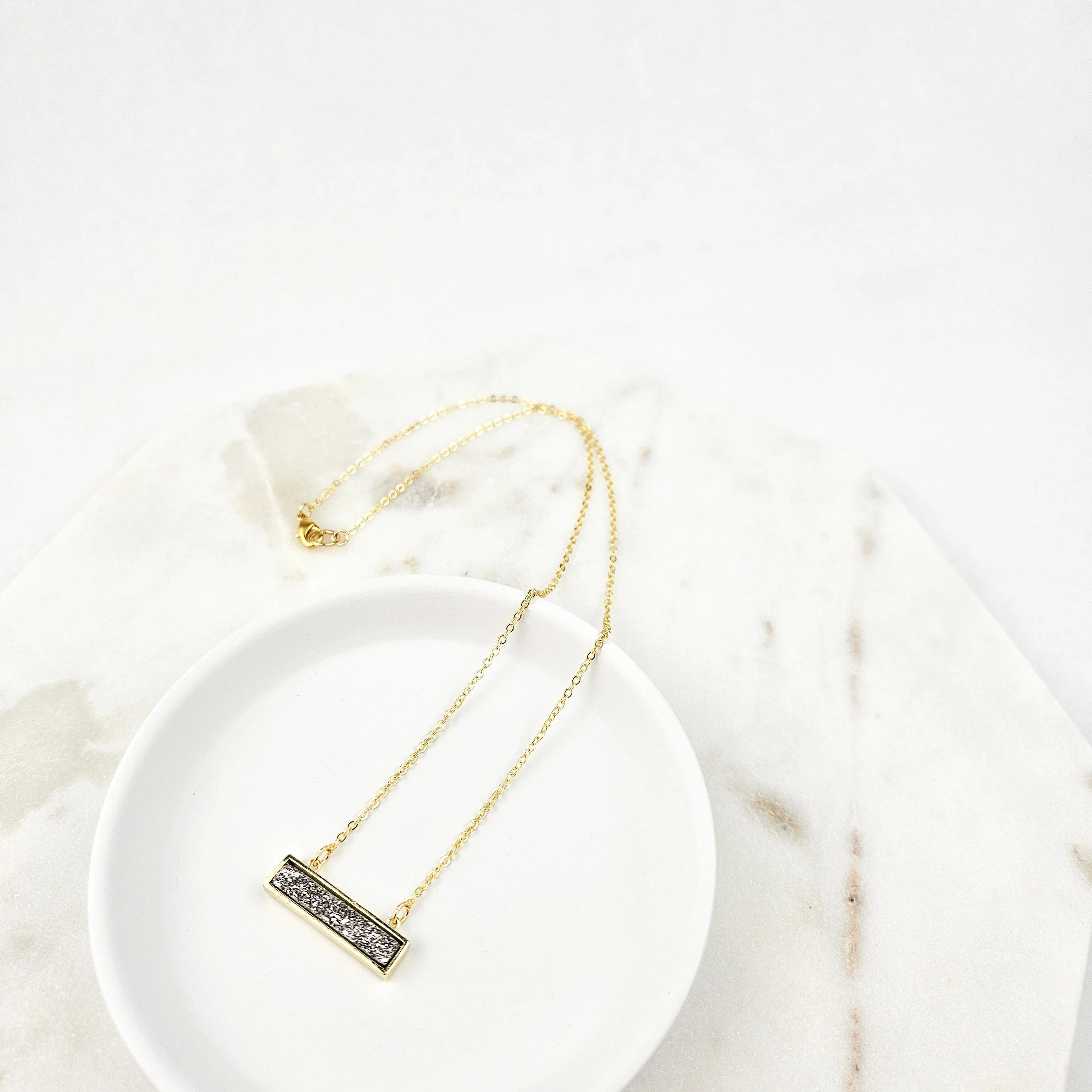 Dainty Silver Druzy Bar Gold Necklace