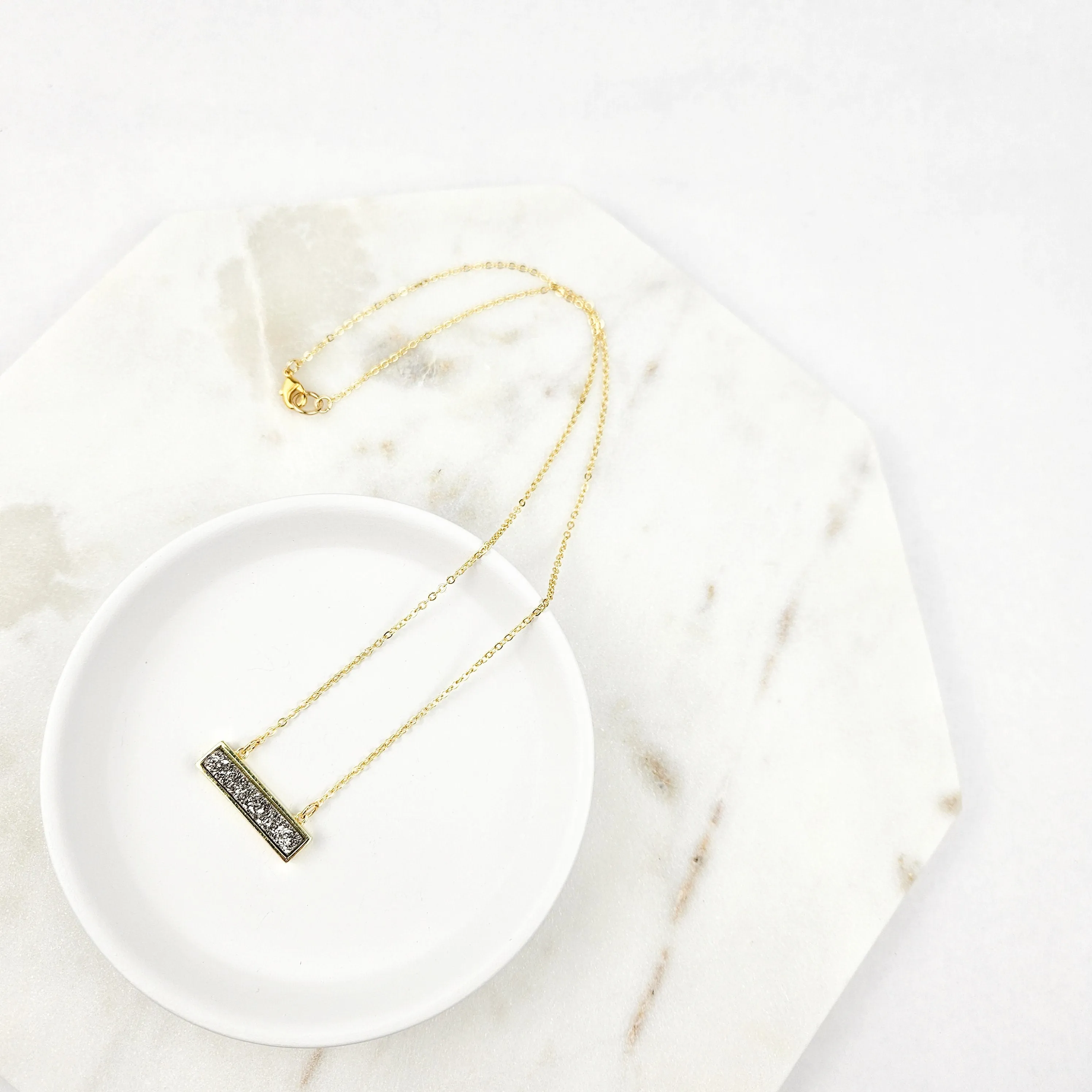 Dainty Silver Druzy Bar Gold Necklace