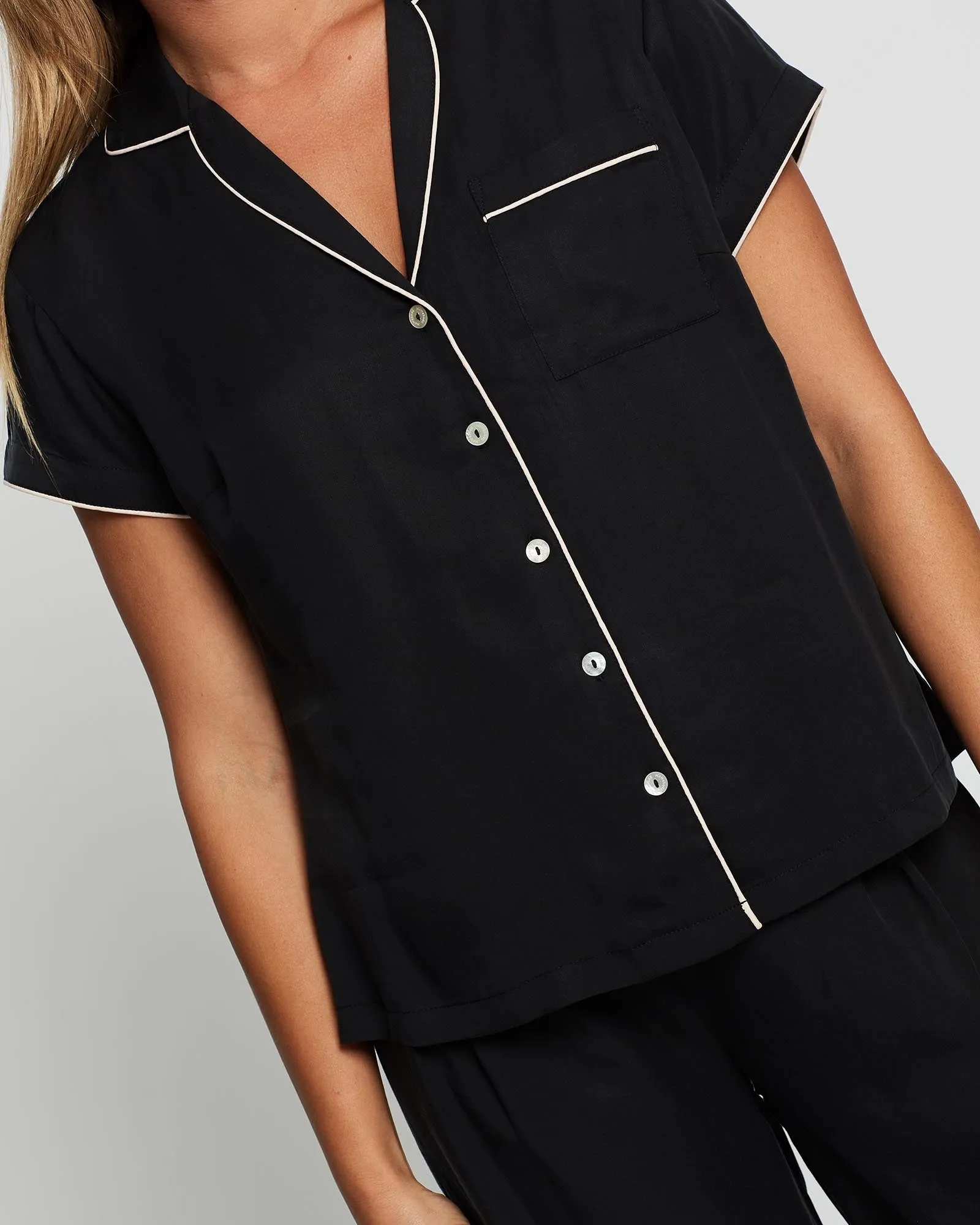 Eva Short Sleeve with Long Pant Tencel™ Pyjama Set - Black with Blush Piping