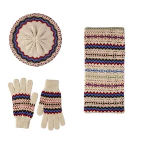 Fairisle Beret Hat Scarf and Gloves Set in Beige | Hope | Lomond