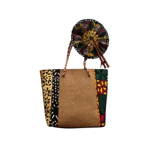 Large Tan African Print Handbag with Assorted Handfan - LBF-17